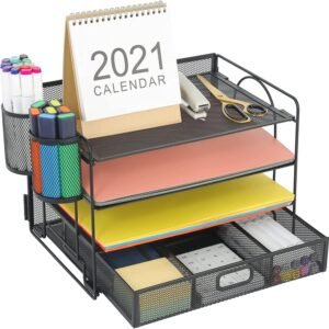 4-Trays Desktop File Organizer with Pen Holder